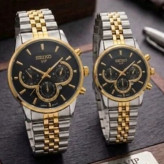 ست ساعت مردانه زنانه سیکو seiko vip بند استیل نقره ای طلایی صفحه مشکی