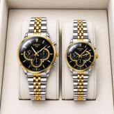 ست ساعت مردانه زنانه سیکو seiko vip بند استیل نقره ای طلایی صفحه مشکی