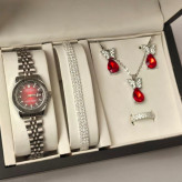 ساعت زنانه دخترانه رولکس Rolex قرمز با نیم ست طرح اشکی اناری قرمز
