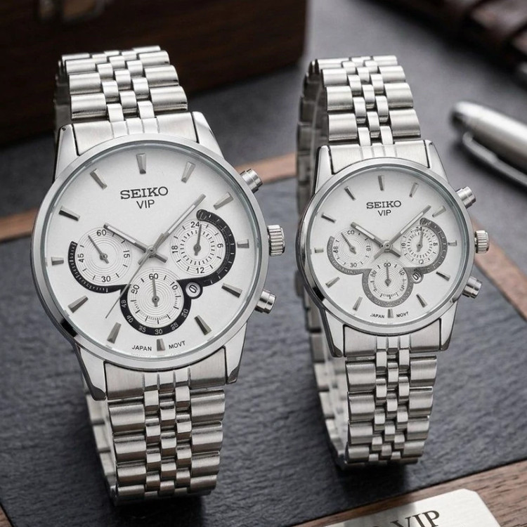 ساعت مردانه و زنانه سیکو seiko vip با بند نقره ای و صفحه سفید ، تقویم فعال