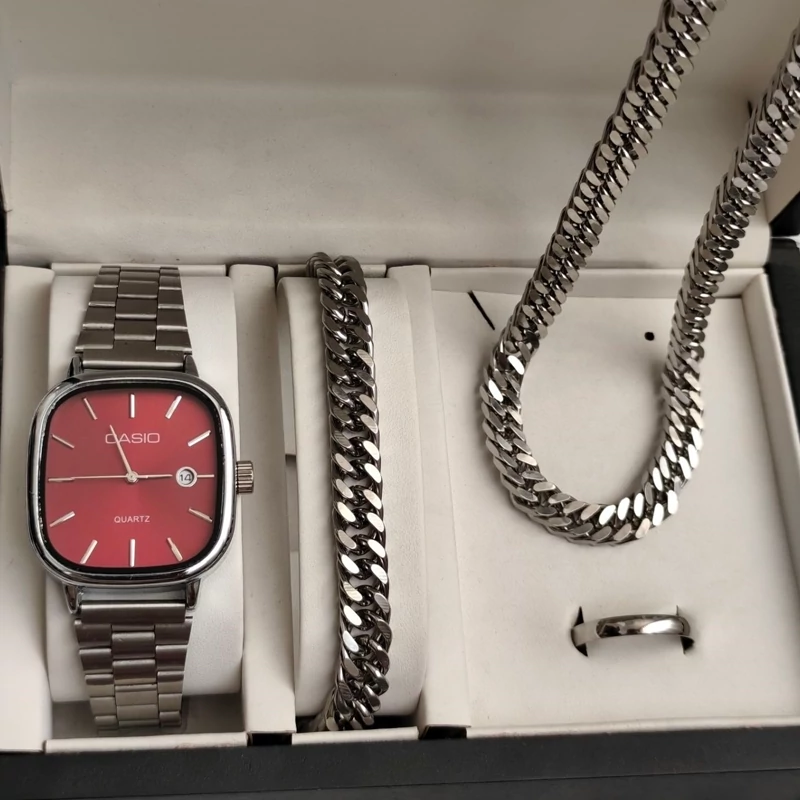 ست ساعت مردونه کاسیو casio اولدمانی با دستبند و گردنبند کارتیر و حلقه استیل