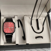 ست ساعت مردانه کاسیو casio اولدمانی مشکی صفحه قرمز با دستبند بنگل و گردنبند و حلقه
