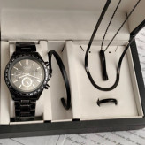 ست ساعت مردانه کاسیو casio مشکی با دستبند بنگل و گردنبند و حلقه