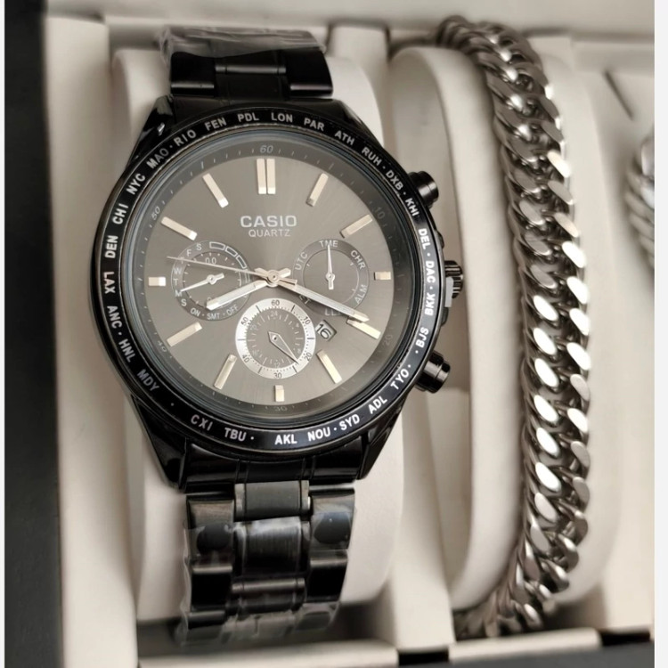 ست ساعت مردونه کاسیو casio با دستبند و گردنبند کارتیر و حلقه استیل