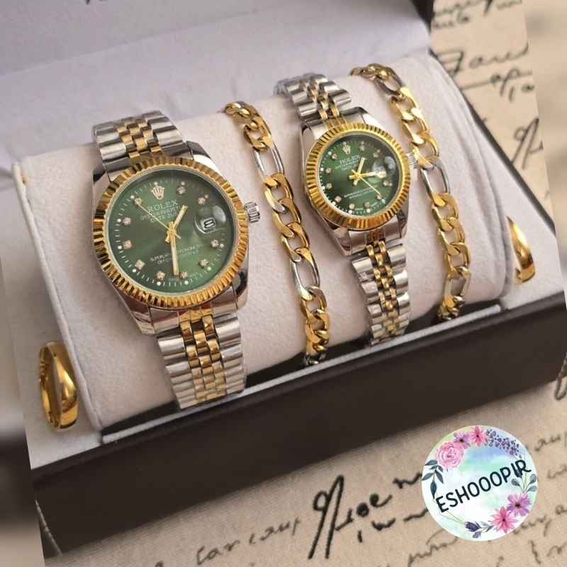 ساعت رولکس زنانه و مردانه Rolex ست با دستبند و انگشتر صفحه سبز با ارسال رایگان