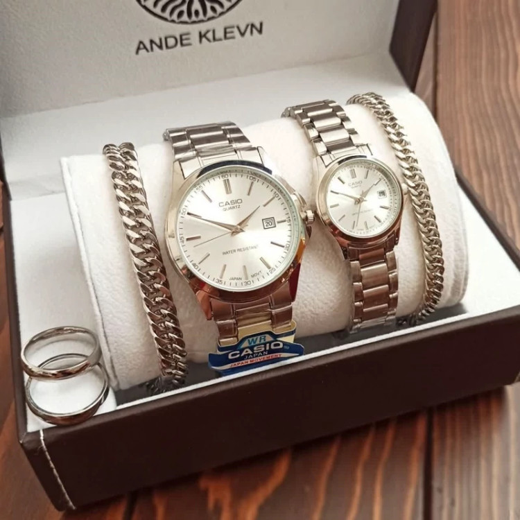ست ساعت مردونه و زنونه کاسیو casio نقره ای استیل رنگ ثابت با کیفیت