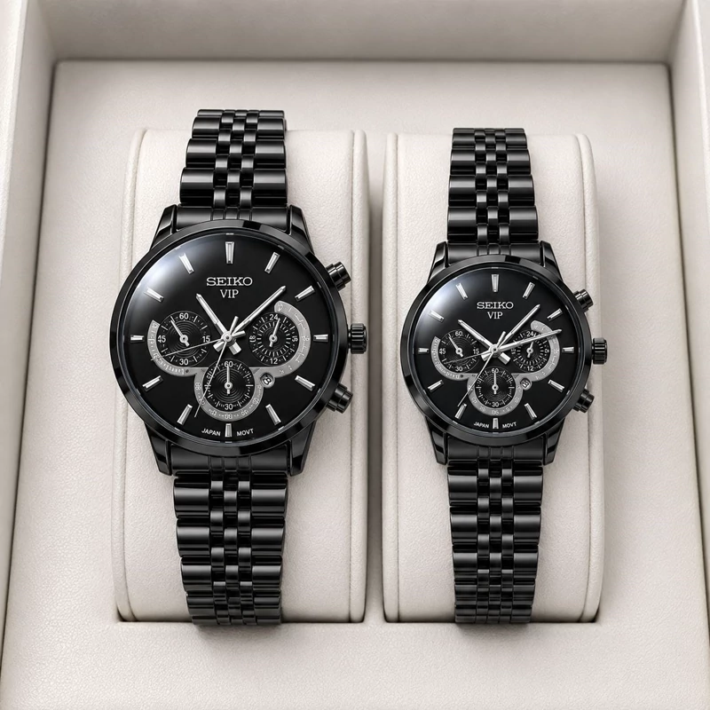 ست ساعت مردانه زنانه سیکو seiko vip بند استیل مشکی