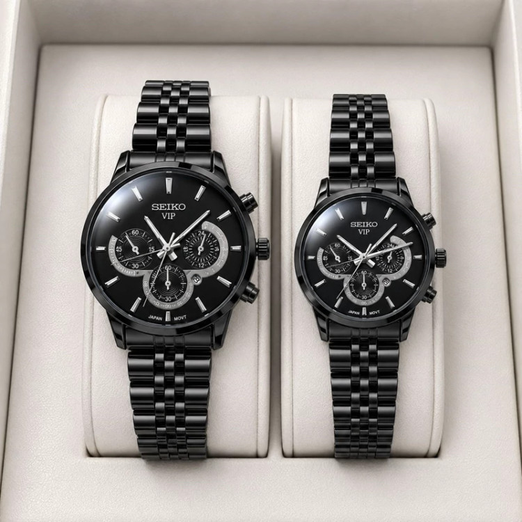 ست ساعت مردانه زنانه سیکو seiko vip بند استیل مشکی