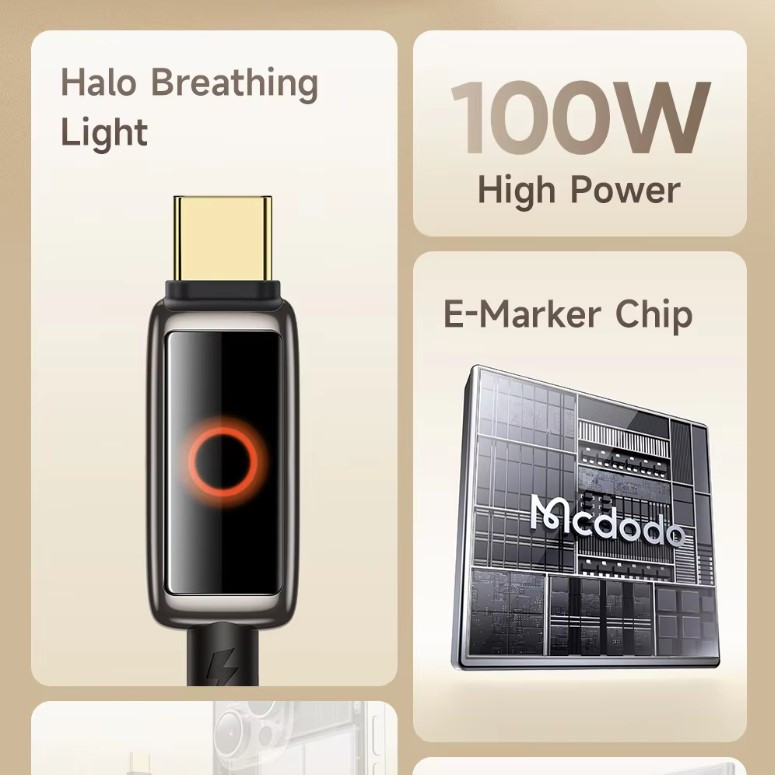 کابل USB-C مک دودو مدل 100W Halo Breathing Light CA-668 طول 1.2 متر