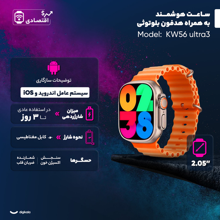 ساعت هوشمند ۴۹ میلیمتری کیکویر مدل KW56 ultra3 به همراه هدفون بلوتوثی