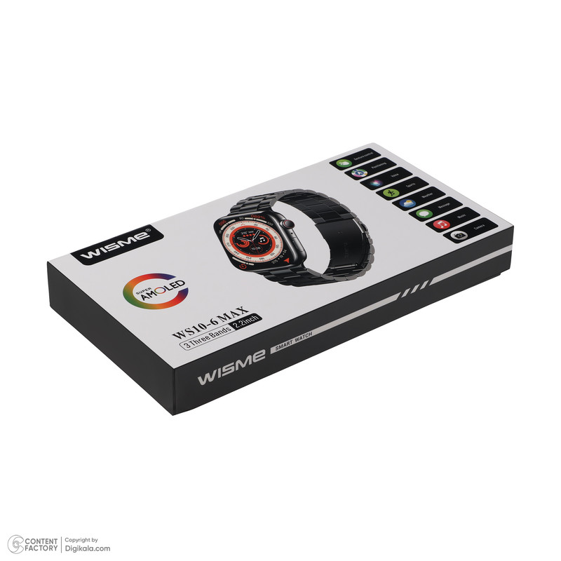 ساعت هوشمند ویزمی مدل WS10-6 MAX دارای قابلیت های صفحه نمایش رنگی، صفحه نمایش لمسی و شمارنده ضربان قلب بند سیلیکونی