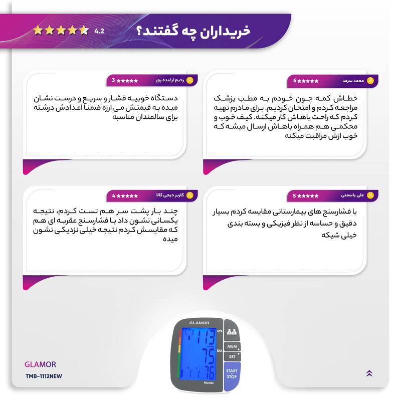 فشارسنج بازویی دیجیتال گلامور مدل TMB-1112NEW دو کاربره با تکنولوژی MWI، تشخیص آریتمی، حافظه بیش از 250 رکورد، نمایشگر رنگی با نور پسزمینه آبی، کاف دو سایز 22 تا 42 سانتیمتر، منبع تغذیه برق و باتری و کیف ضد ضربه