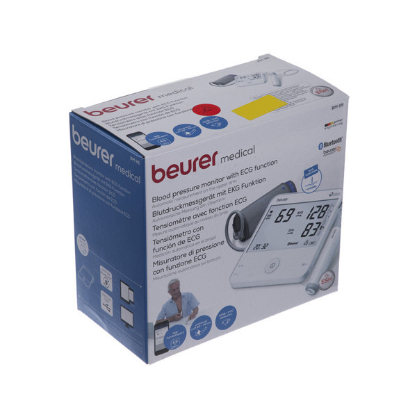 فشارسنج بازویی دیجیتال بیورر مدل BM96 با صفحه نمایش XL و نور پسزمینه سفید، تشخیص آریتمی پیشرفته، شاخص ریسک، حافظه دو کاربره هرکدام 60 رکورد، اتصال بلوتوث و USB، نمایش میانگین نتایج و هشدار باتری ضعیف