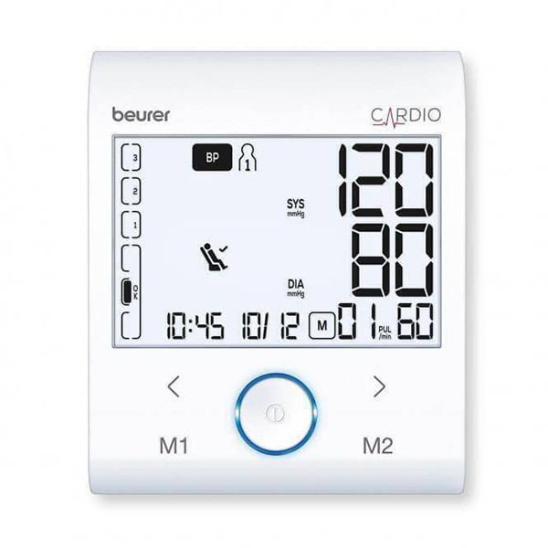فشارسنج بازویی دیجیتال بیورر مدل BM96 با صفحه نمایش XL و نور پسزمینه سفید، تشخیص آریتمی پیشرفته، شاخص ریسک، حافظه دو کاربره هرکدام 60 رکورد، اتصال بلوتوث و USB، نمایش میانگین نتایج و هشدار باتری ضعیف