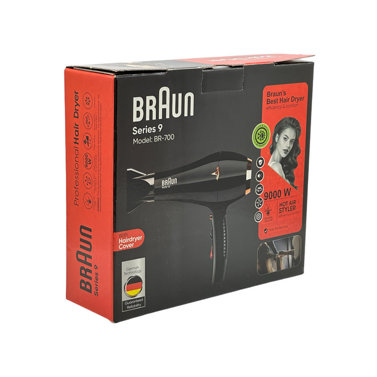 سشوار حرفهای 9000 وات براون مدل BR-700، موتور AC، وزن 650 گرم، المنت فلز، دارای سری متمرکزکننده باریک با ویژگی صافکنندگی، با قابلیت عملکرد توربو