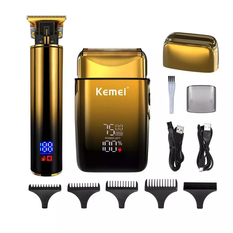 مجموعه 2 عددی ماشین اصلاح موی سر و صورت کیمی مدل KM-2131 با تیغه استیل ضدزنگ، شارژ سریع، تنظیم سرعت، منبع انرژی کابل USB، شامل شیور صفرزن، تریمر حجمزن و خطزن با مدت استفاده 120 دقیقه پس از شارژ