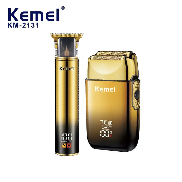 مجموعه 2 عددی ماشین اصلاح موی سر و صورت کیمی مدل KM-2131 با تیغه استیل ضدزنگ، شارژ سریع، تنظیم سرعت، منبع انرژی کابل USB، شامل شیور صفرزن، تریمر حجمزن و خطزن با مدت استفاده 120 دقیقه پس از شارژ