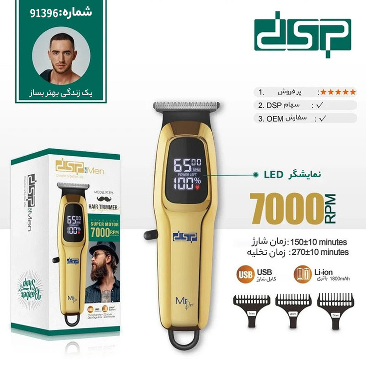 ماشین اصلاح موی صورت شارژی دی اس پی مدل 91396 با تیغه استیل پیشرفته، قابلیت اصلاح صفر زن و خط زن، نمایشگر میزان شارژ، شارژ سریع و طراحی ارگونومیک، همراه با 3 شانه اصلاح سایز 1، 2 و 3 میلیمتر