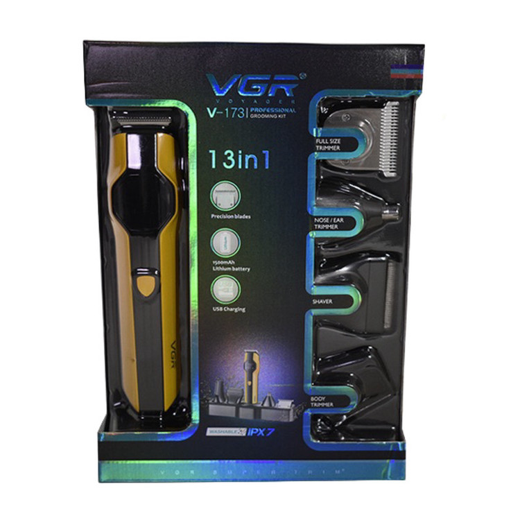 ماشین اصلاح موی صورت و بدن شارژی وی جی ار مدل V-173 با تیغه استیل ضد زنگ، سرعت موتور 7000 RPM، ضد آب، طراحی ارگونومیک، نمایشگر میزان شارژ، باتری 1500 میلیآمپر ساعت، شارژ با کابل USB
