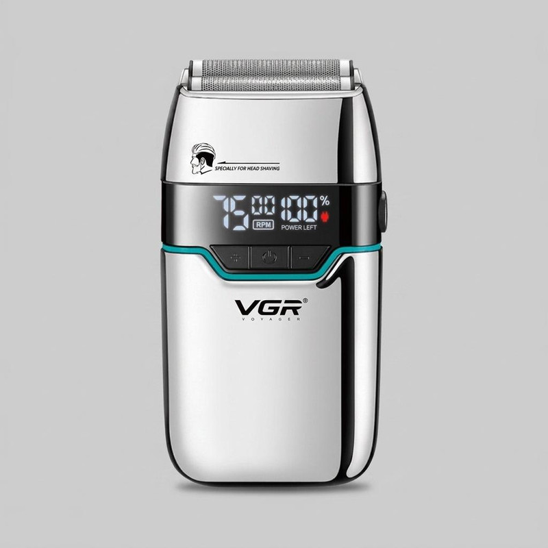 ماشین اصلاح موی صورت شارژی وی جی ار مدل V-350 با تیغه تیتانیوم، اصلاح صفر میلیمتر، باتری لیتیومی 1200 میلیآمپر، نمایشگر LED و قابلیت استفاده خشک و مرطوب