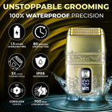 ماشین اصلاح موی صورت وی جی ار مدل V-335 با موتور 4500 دور در دقیقه، 3 تیغه فویلی، باتری 700 میلیآمپر ساعت، نمایشگر شارژ، طراحی ارگونومیک و مقاوم در برابر آب با قابلیت استفاده زیر دوش و شارژ USB