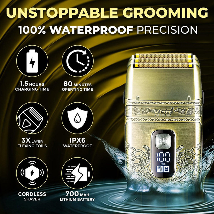 ماشین اصلاح موی صورت وی جی ار مدل V-335 با موتور 4500 دور در دقیقه، 3 تیغه فویلی، باتری 700 میلیآمپر ساعت، نمایشگر شارژ، طراحی ارگونومیک و مقاوم در برابر آب با قابلیت استفاده زیر دوش و شارژ USB