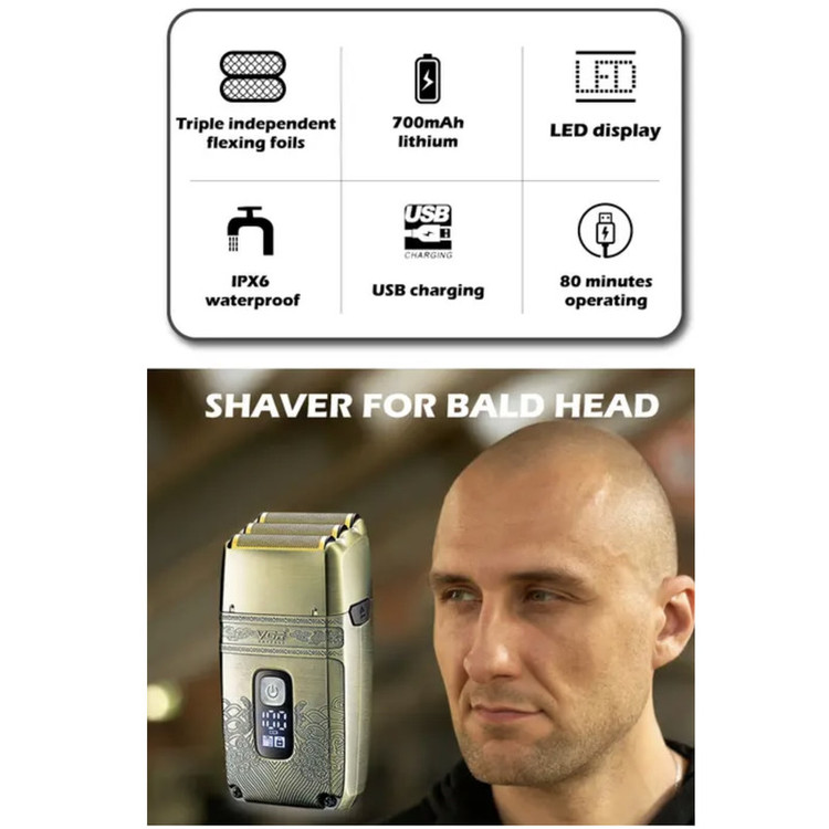 ماشین اصلاح موی صورت وی جی ار مدل V-335 با موتور 4500 دور در دقیقه، 3 تیغه فویلی، باتری 700 میلیآمپر ساعت، نمایشگر شارژ، طراحی ارگونومیک و مقاوم در برابر آب با قابلیت استفاده زیر دوش و شارژ USB