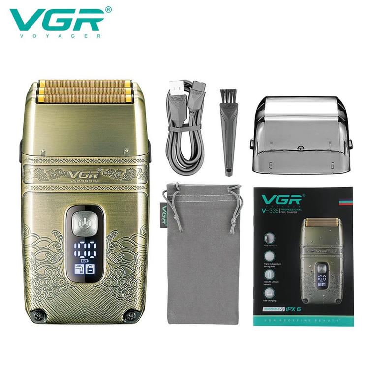 ماشین اصلاح موی صورت وی جی ار مدل V-335 با موتور 4500 دور در دقیقه، 3 تیغه فویلی، باتری 700 میلیآمپر ساعت، نمایشگر شارژ، طراحی ارگونومیک و مقاوم در برابر آب با قابلیت استفاده زیر دوش و شارژ USB