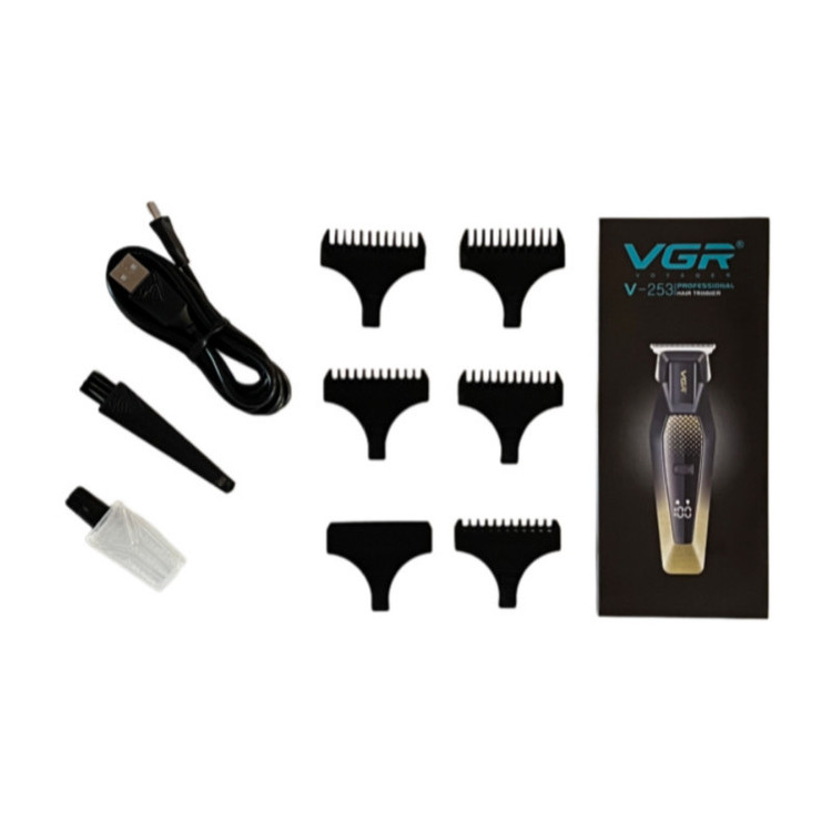 ماشین اصلاح موی سر و صورت وی جی ار مدل V-253 با تیغه استیل ضد زنگ، طراحی ارگونومیک، نمایش وضعیت باتری، باتری لیتیوم یون با ظرفیت 600 میلیآمپر ساعت و شارژ با کابل