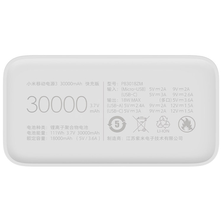 پاوربانک 18 وات شیائومی مدل Mi PB3018ZM ظرفیت 30000 میلی آمپر ساعت