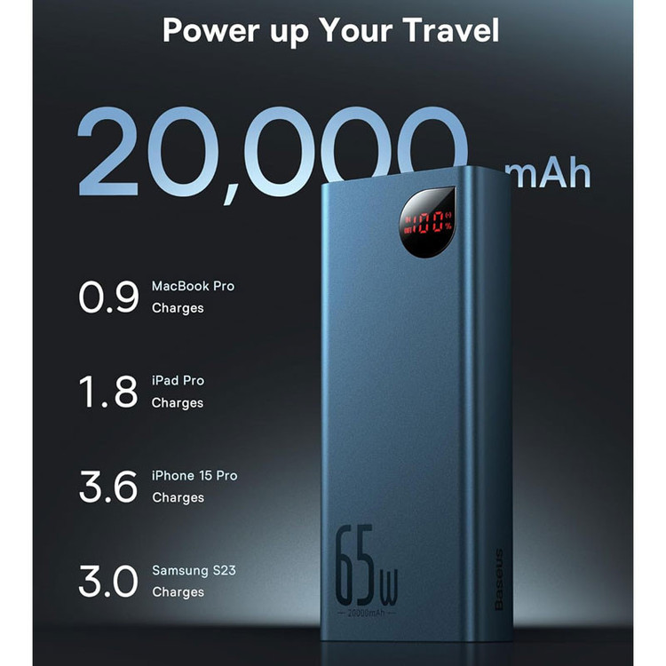 پاوربانک 65 وات بیسوس مدل PPADM65-S ظرفیت 20000 میلی آمپر ساعت به همراه کابل USB-C به USB-A