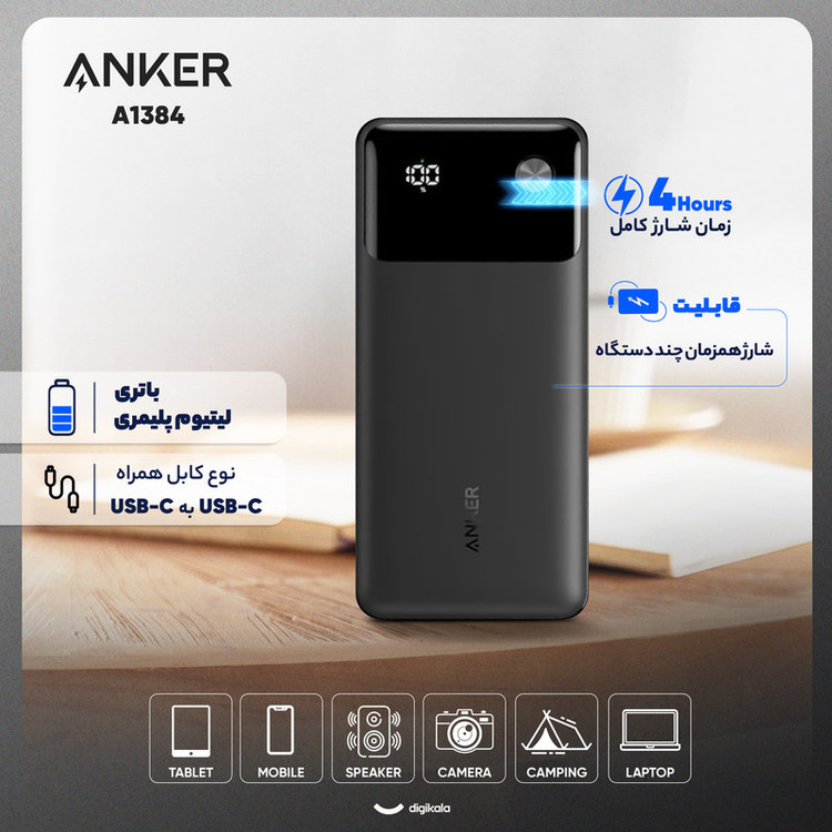 پاوربانک 30 وات انکر مدل A1384 ظرفیت 20000 میلی آمپر ساعت به همراه کابل USB-C