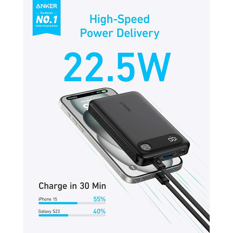 پاوربانک 22.5 وات انکر مدل A1257 ظرفیت 10000 میلی آمپر ساعت به همراه کابل USB-C