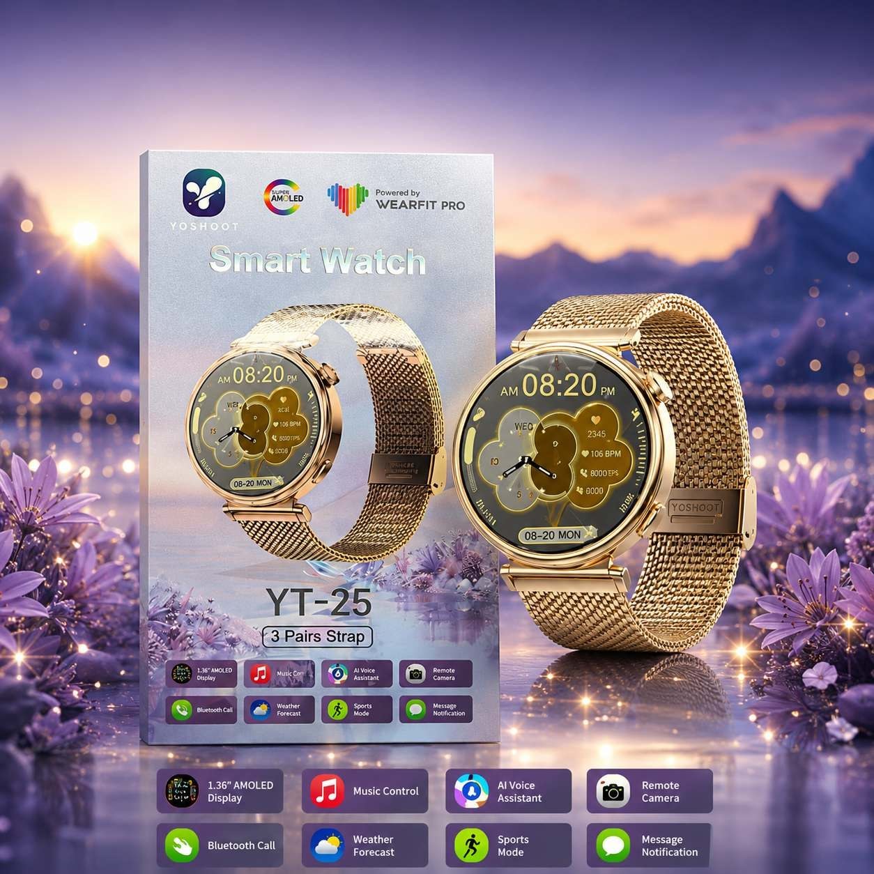 ساعت هوشمند YT-25با 3بند اضافه و صفحه گرد