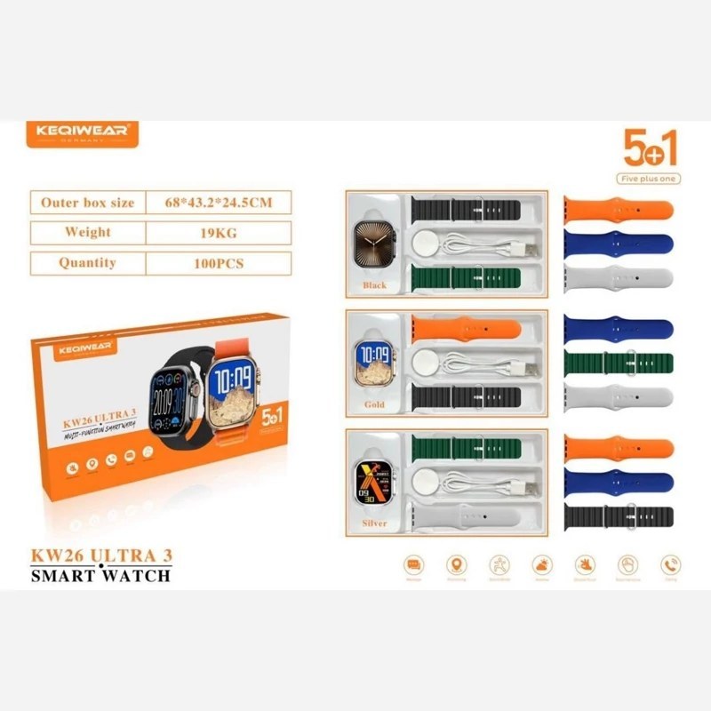 ساعت هوشمند KW26 Ultra 3 طراحی اولترا + 5 بند خاص (فروش تک به قیمت عمده)