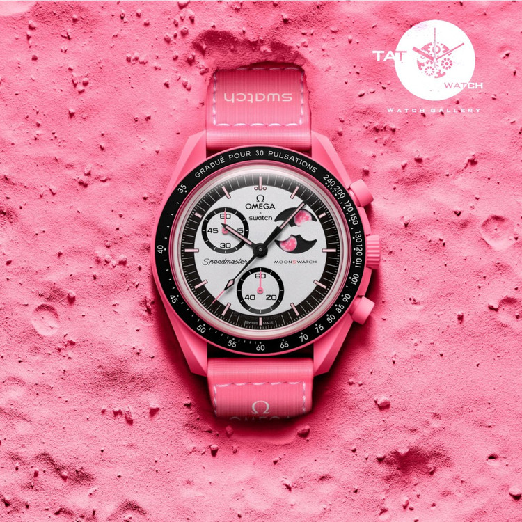 ساعت زنانه امگا سواچ ماه صورتی باربی pink moon سه موتوره کرنو گارانتی جعبه ارسال رایگان ساعت مچی omega swatch