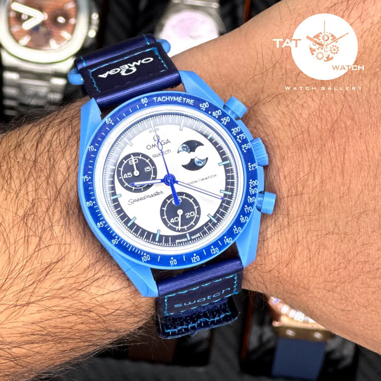 ساعت مردانه زنانه امگا سواچ ماه سوپر بلو Super Blue Moon سه موتوره کرنو باگارانتی جعبه ارسال omega swatch ساعت مچی