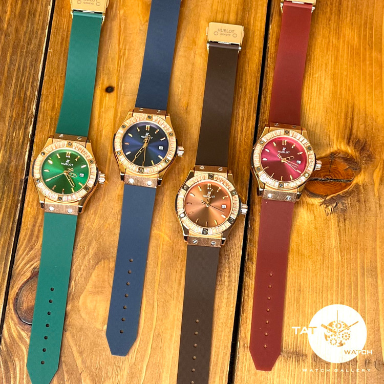 ساعت مچی زنانه هابلوت قاب نگین تقویم بند رابر معطر Hublot