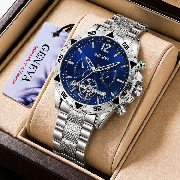 ساعت مچی مردانه جینوا بنداستیل رنگ ثابت طرح کرنوگراف شیشه تراشه GENEVA