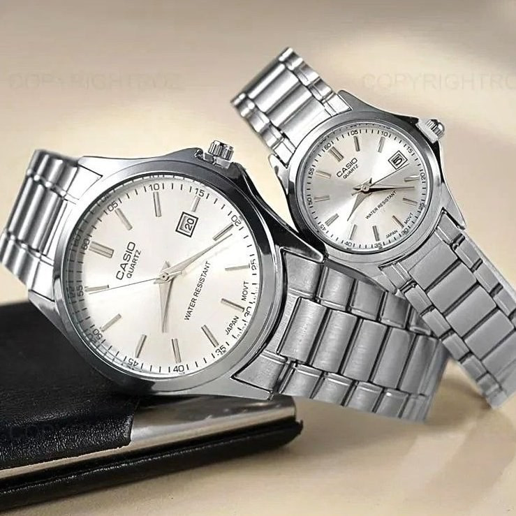 ساعت مچی ست زنانه مردانه CASIO بند نقره ای صفحه سفید اورجینال