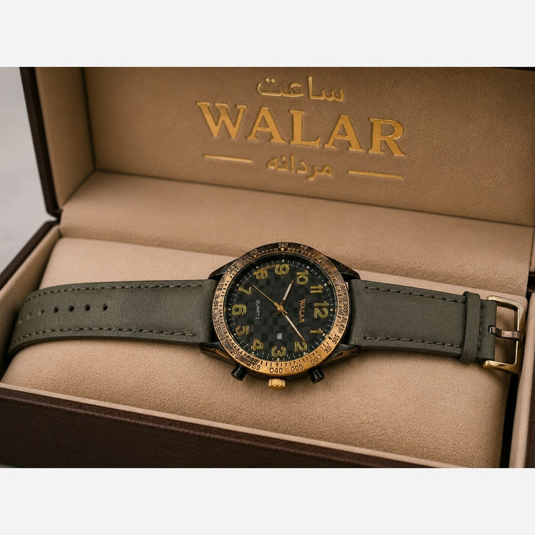 ساعت مچی مردانه صفحه گرد مدل WALAR بند چرمی کیفیت بالا موتور ژاپنی