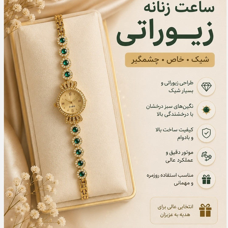 ساعت زنانه نگین دار طلایی مدل zido درخشنده فلزی