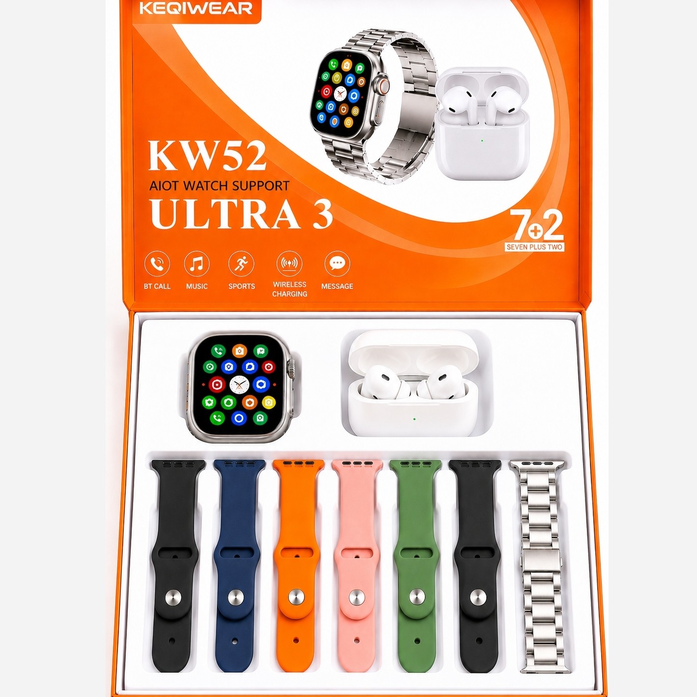 ساعت هوشمند KW52 ULTRA3 با ایرپاد و (7بند با بند فلزی) سوپر امولد ضربان قلب اکسیژن خون(فروش تک به قیمت عمده)