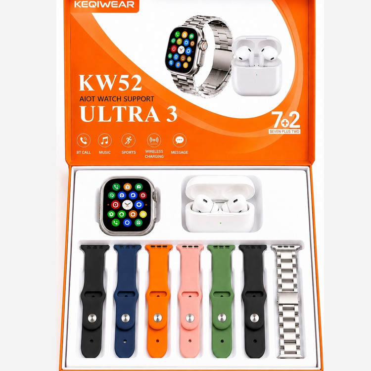 ساعت هوشمند KW52 ULTRA3 با ایرپاد و (7بند با بند فلزی) سوپر امولد ضربان قلب اکسیژن خون(فروش تک به قیمت عمده)