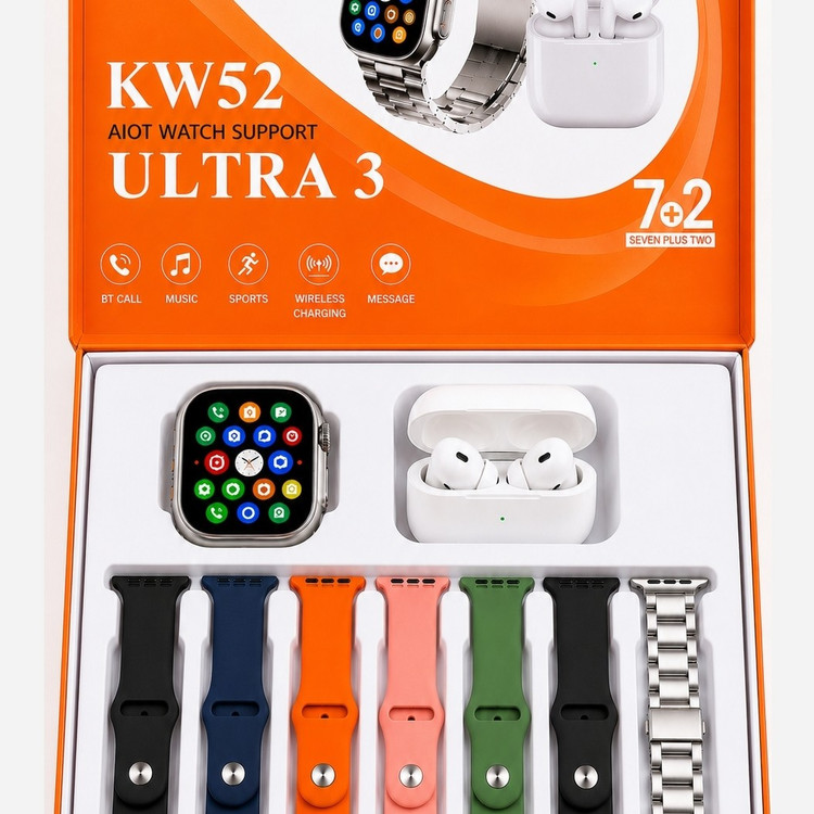 ساعت هوشمند KW52 ULTRA3 با ایرپاد و (7بند با بند فلزی) سوپر امولد ضربان قلب اکسیژن خون(فروش تک به قیمت عمده)