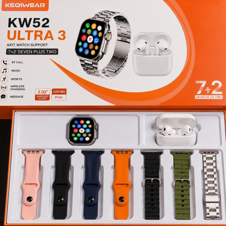 ساعت هوشمند KW52 ULTRA3 با ایرپاد و (7بند با بند فلزی) سوپر امولد ضربان قلب اکسیژن خون(فروش تک به قیمت عمده)