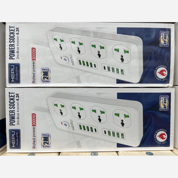 چند راهی هپو H05 3000W با 8 ورودی usb و 2 PD مقاوم در برابر شعله و شوک الکتریکی قیمت عالی