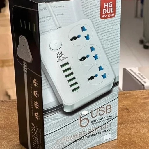 سه راهی و محافظ شوک الکتریکی HG 136U اصلی با 6 ورودی USB و 3 پریز برق قیمت عالی