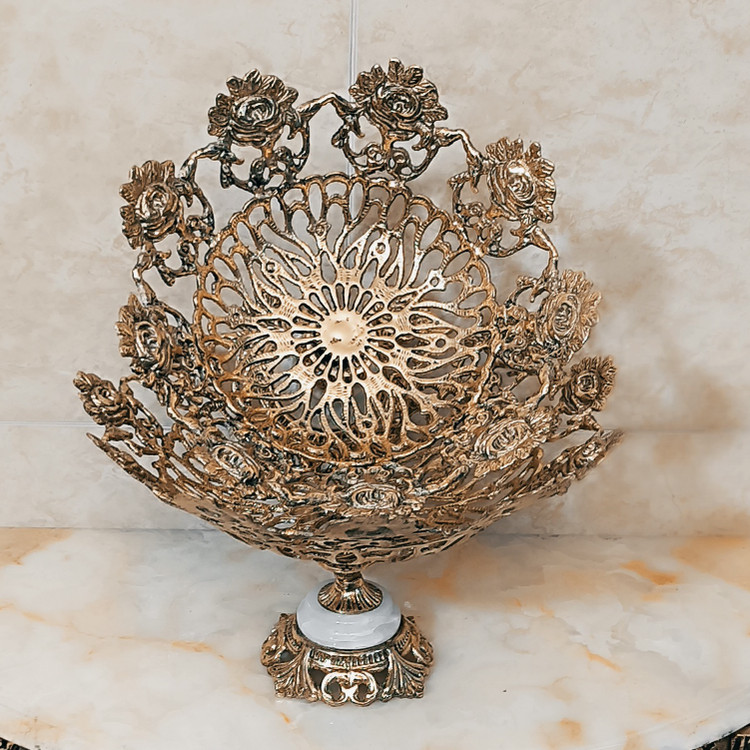 میوه خوری برنجی گل رز سایز بزرگ و متوسط پایه سنگی کد 328(میوه خوری برنز)