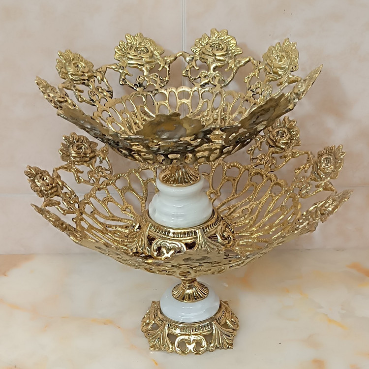 میوه خوری برنجی گل رز سایز بزرگ و متوسط پایه سنگی کد 328(میوه خوری برنز)